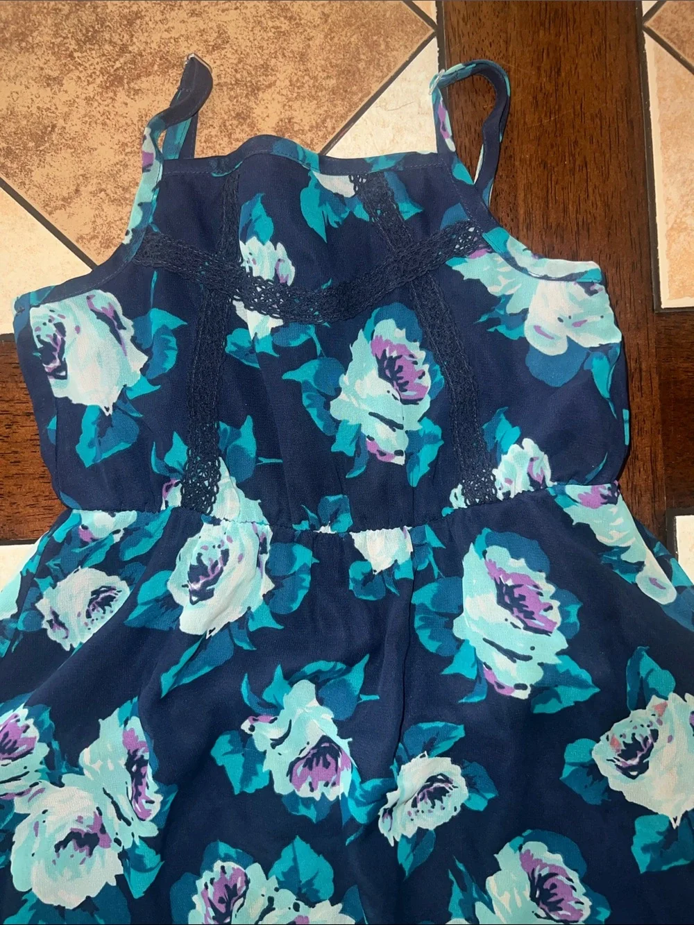 The Children's Place Navy Floral Sundress with Teal and White Roses